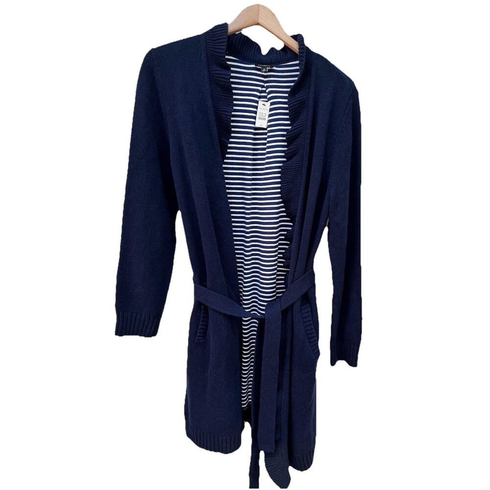 Talbots Belted Cardigan Sweater Duster Long M Navy Blue Cotton Blend NWT Ruffle
